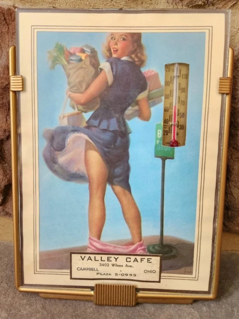 VTG 1955 Pin-Up Girl Calendar Thermometer Valley Cafe Campbell Ohio Peek-A-Boo